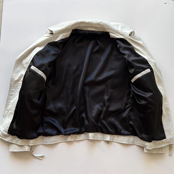 Tigha Leather Biker Jacket in White Yellow Black - Picture 7 of 16